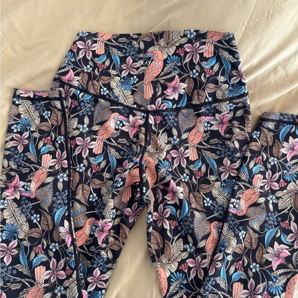 Women's Floral Bird Print Leggings - Navy, Pink & Blue